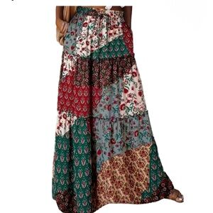 Skirt Maxi Patchwork Print Bohemian Long Pockets Skirts elastic Drawstring waist